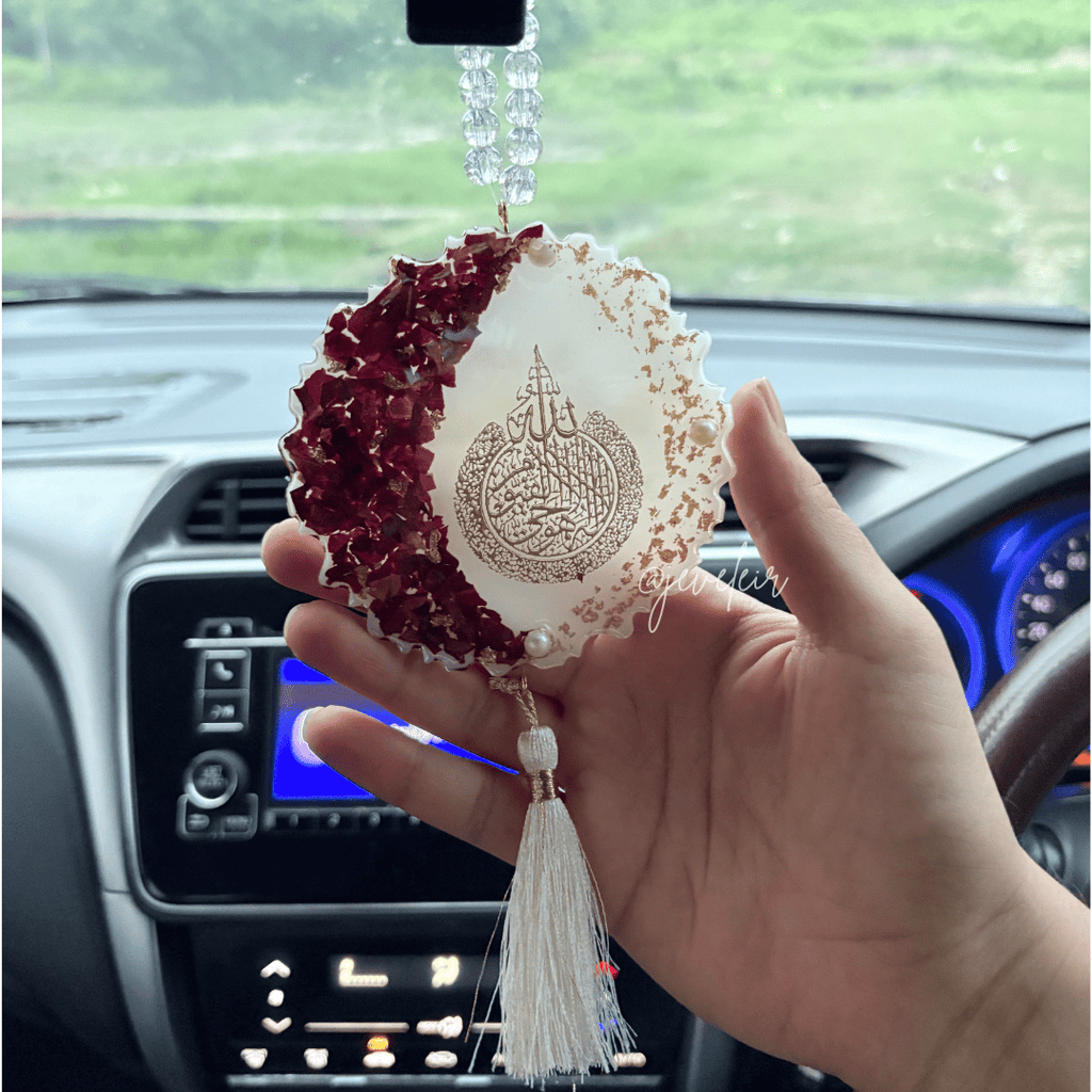Rose White Ayatul kursi Resin Car Hanging - Handmade Car Decoration