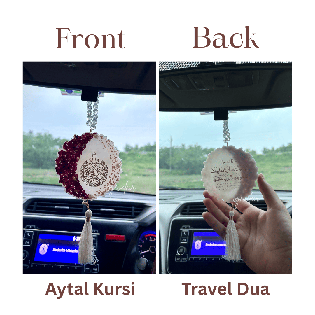 Rose White Ayatul kursi Resin Car Hanging - Handmade Car Decoration
