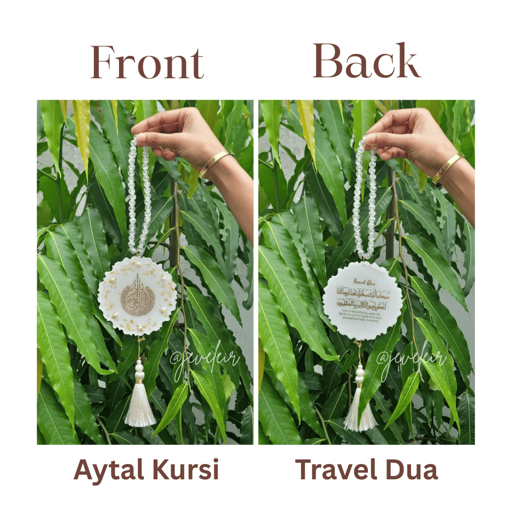 White Ayatul kursi Resin Car Hanging - Handmade Car Decoration