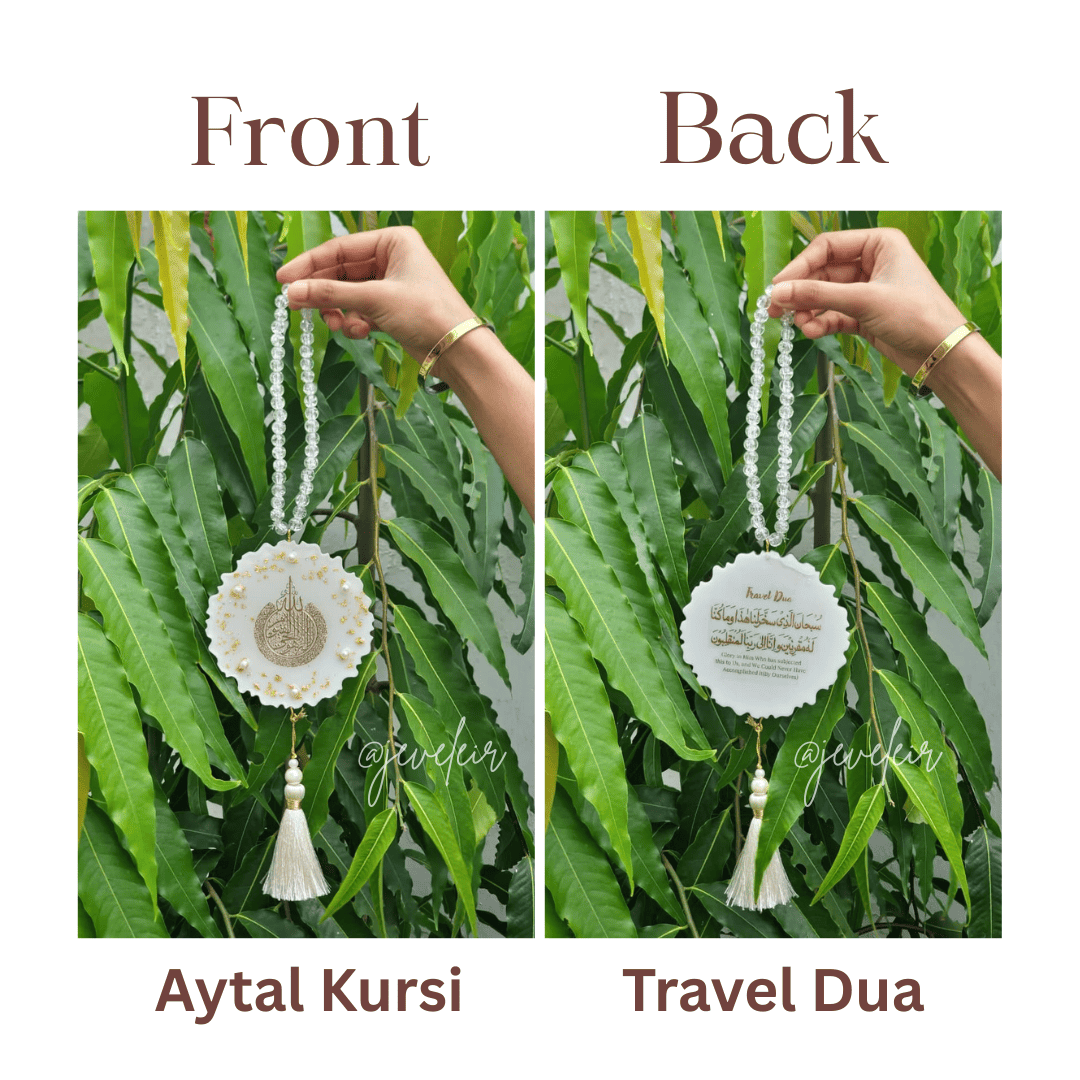 White Ayatul kursi Resin Car Hanging - Handmade Car Decoration