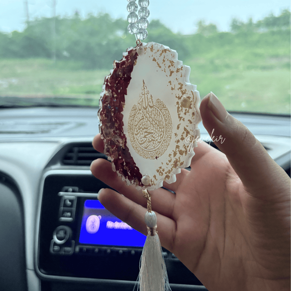 Rose White Ayatul kursi Resin Car Hanging - Handmade Car Decoration