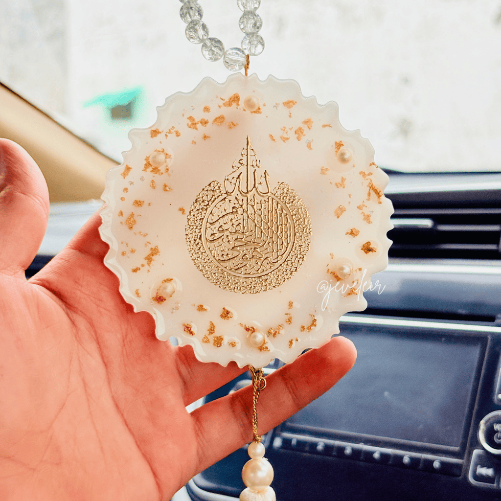 White Ayatul kursi Resin Car Hanging - Handmade Car Decoration