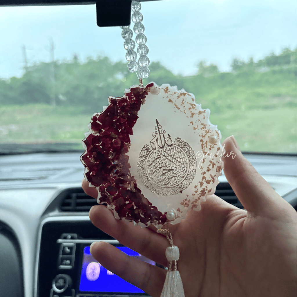 Rose White Ayatul kursi Resin Car Hanging - Handmade Car Decoration